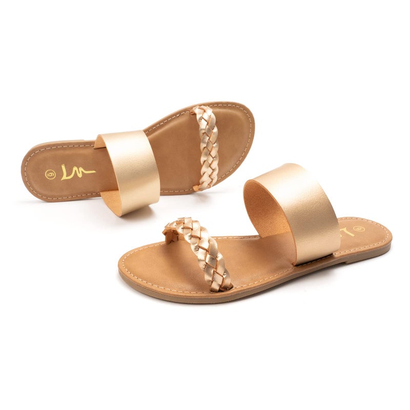 LM Women's Braided Slide Sandals Open Toe Two Strap Slip On Flat Sandals Casual Summer Shoes (8, Gold) - Image 5
